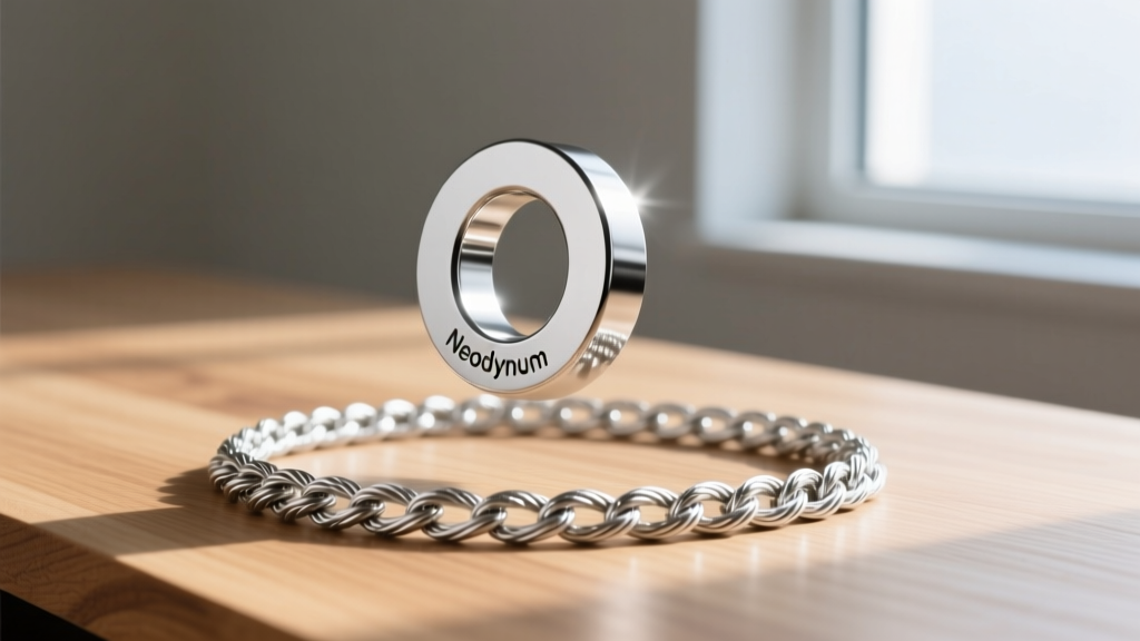 Neodymium magnet hovering over a coiled silver rope chain on wood, showing the lack of magnetic attraction to authentic sterling silver.