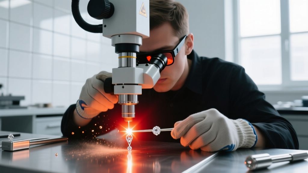 Nd:YAG laser welding machine emitting a bright pulse onto a platinum prong while the jeweler looks through a stereo microscope