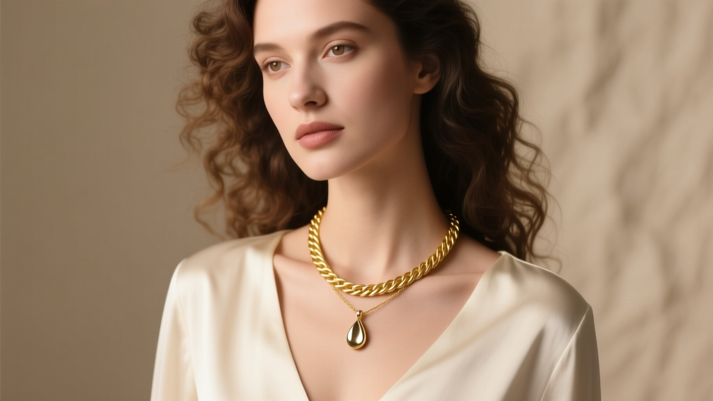 Elegant woman wearing a 20-inch gold rope chain with a teardrop pendant resting above her bust line, soft studio lighting