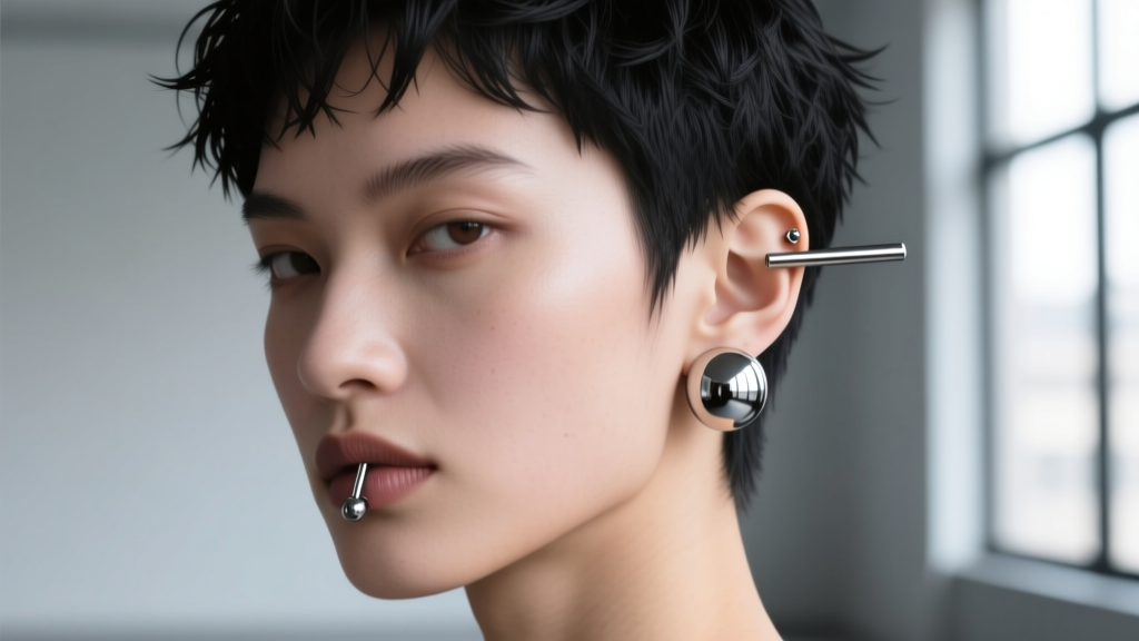 Androgynous model with short hair showcasing an asymmetrical ear curation featuring a flat-back titanium labret on the right lobe