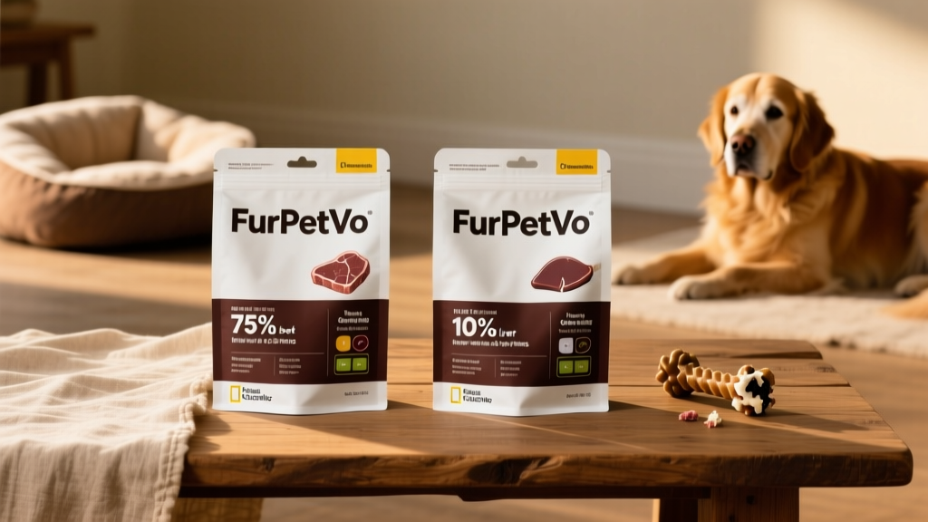 Side-by-side comparison of FurPetVo raw food packaging showing clear labelling: meat percentage, organ content, and feeding guide