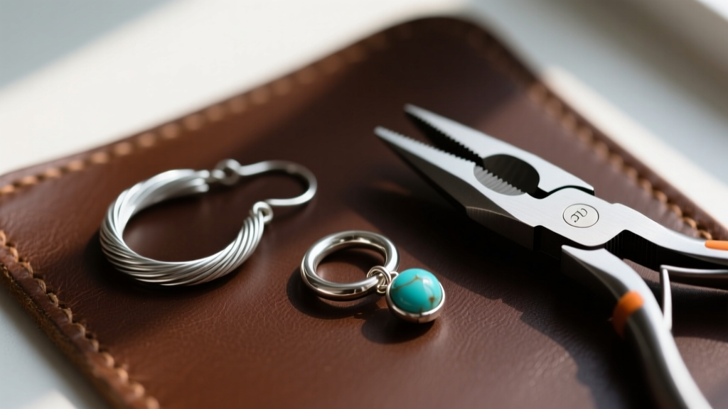 Macro view of 20-gauge silver wire, flush cutters, and half-finished dangle earrings resting on a dark leather jeweler's bench pad