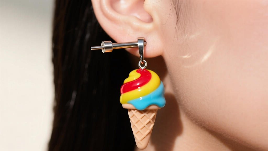 Side profile of an 18-gauge titanium post securing a heavy novelty ice cream dangle earring on a pierced lobe with silicone back