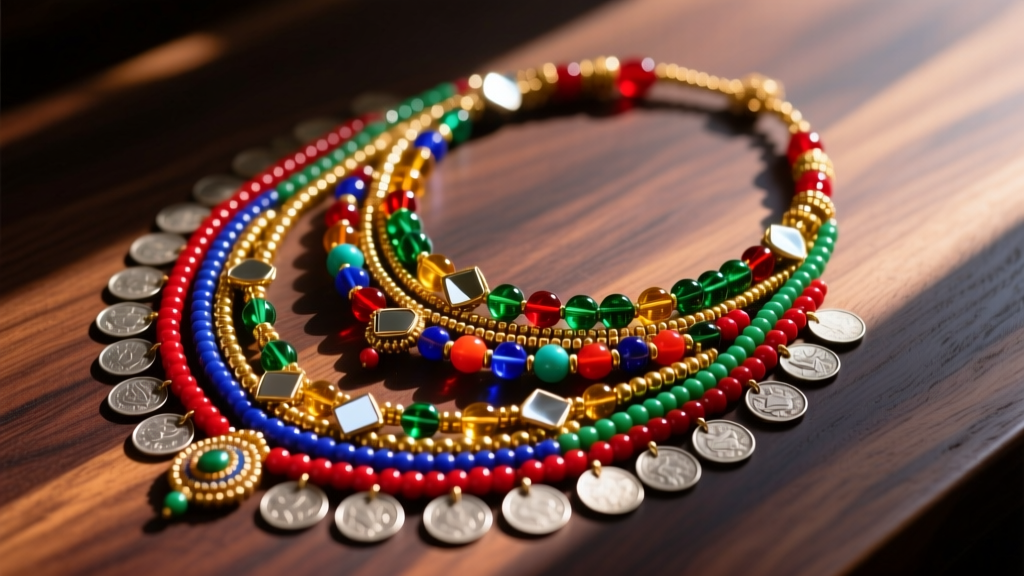 Vibrant flat lay of traditional Banjara Indian beaded jewelry with colorful glass beads, mirrors, and silver coins on dark wood