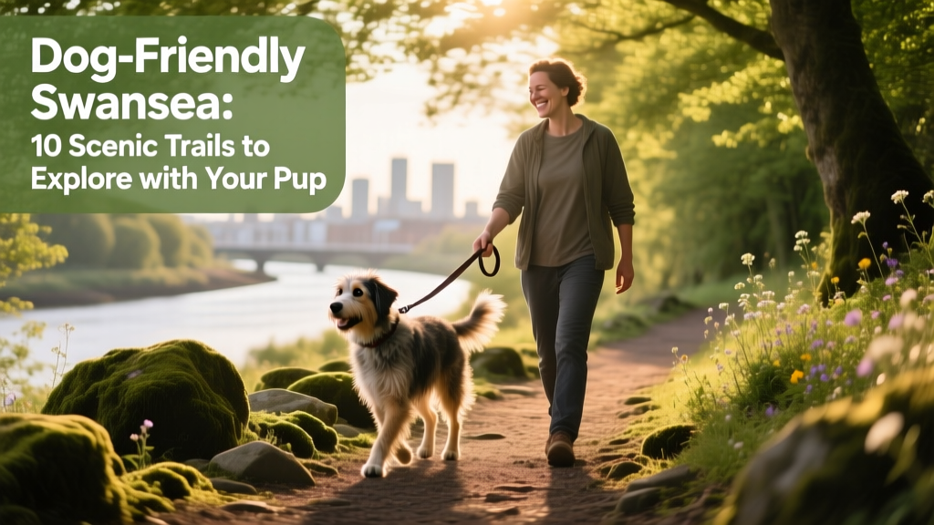 A pet parent and dog walking hand-in-leash along a scenic woodland trail in Swansea.