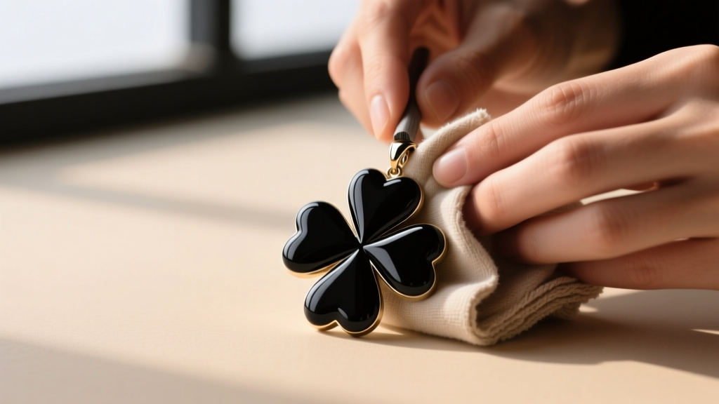 Hands polishing an onyx clover pendant with a dry cloth, showing contrast between soft microfiber and the glossy black stone.