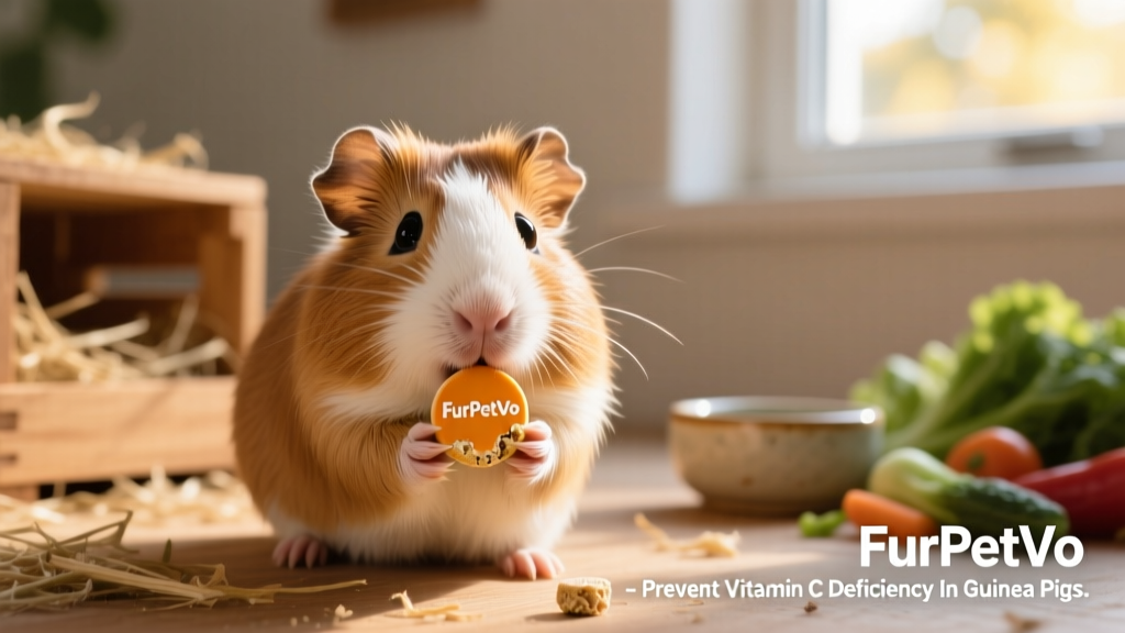 Guinea pig holding and nibbling a chewable vitamin C tablet labeled 'FurPetVo'