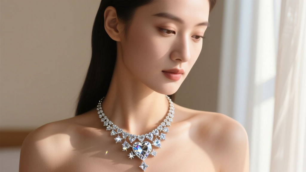 Close-up of a woman wearing a large diamond heart necklace on her collarbone, illuminated by soft natural window light