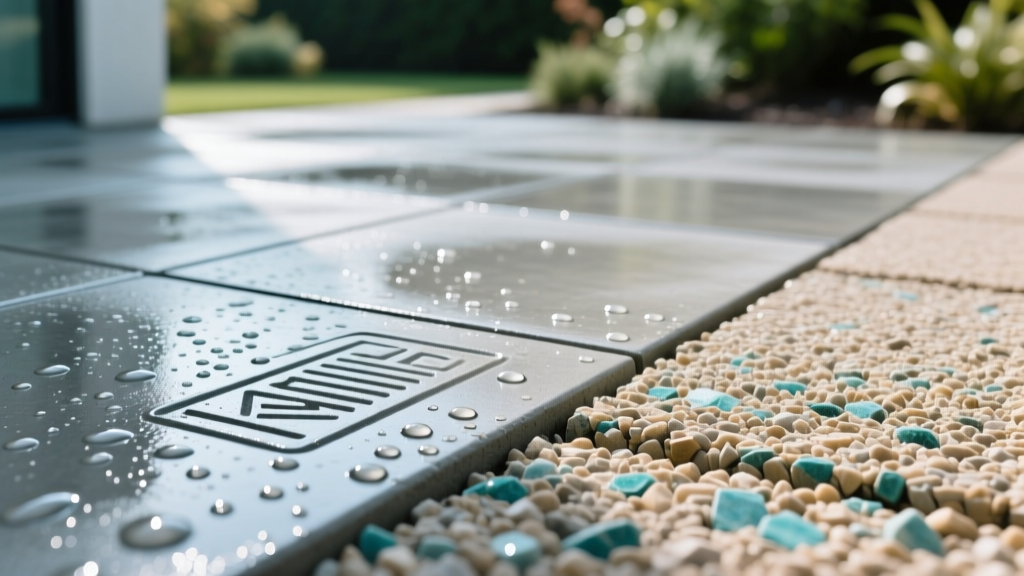 Close-up of wet stamped concrete patio next to exposed aggregate non-slip surface showing water beading and texture contrast