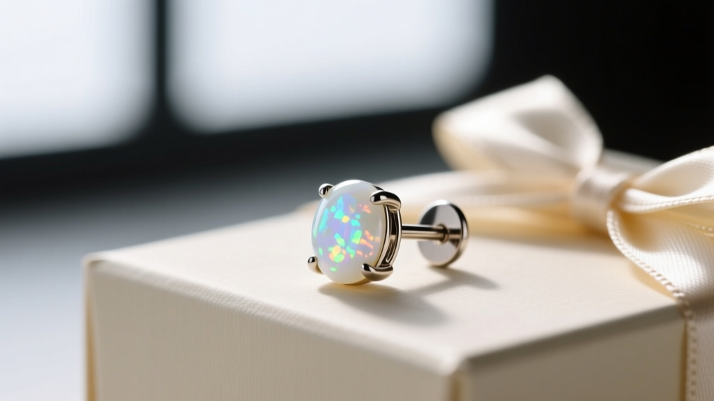 Macro shot of a 20-gauge titanium earring post securing a solid white opal cabochon, with a softly blurred gift box background.