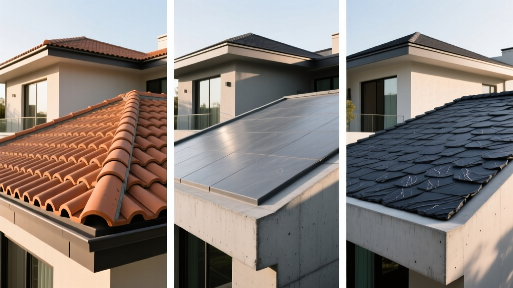 Architectural split-screen comparing terracotta clay, gray concrete, and dark natural slate tiles on three luxury home roofs