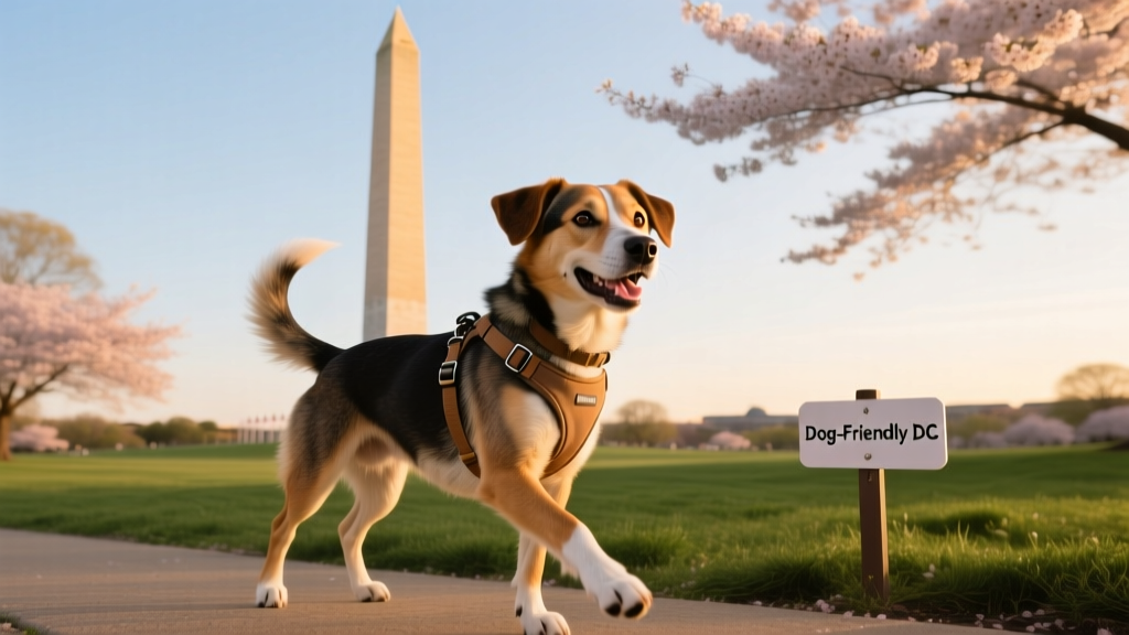 A dog in front of a Washington monument.