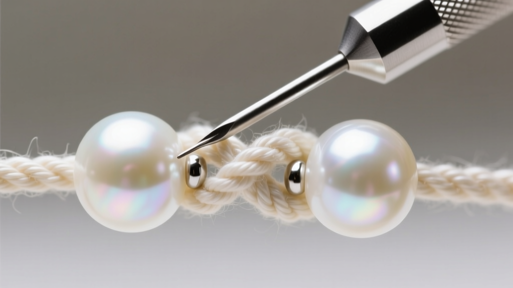 Macro shot of a traditional overhand knot being tightened between two white freshwater pearls using a fine steel bead awl tool.