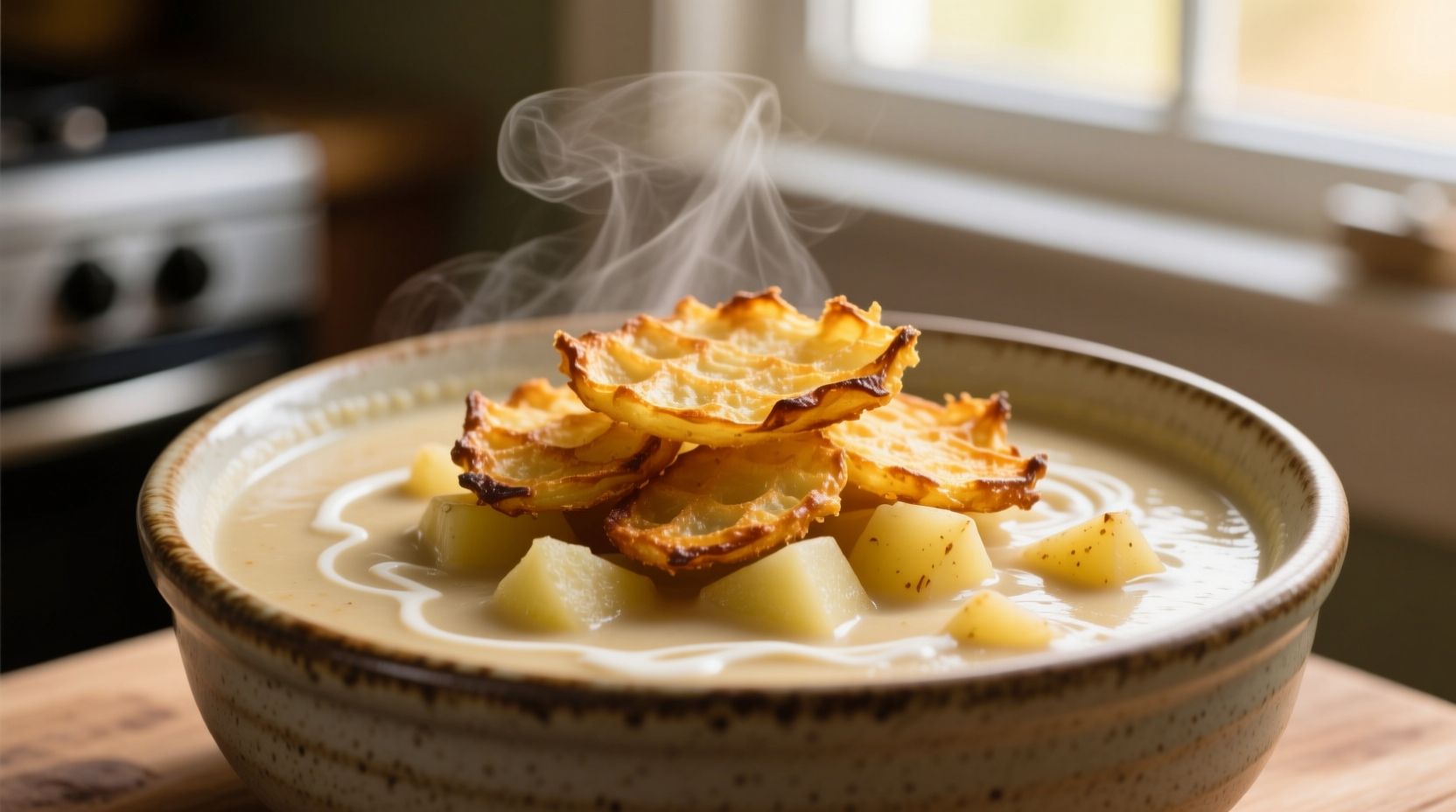 Creamy crockpot potato soup with hash browns in bowl