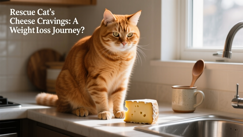 Axel, a large ginger cat sitting beside a small wedge of cheddar cheese on a kitchen counter