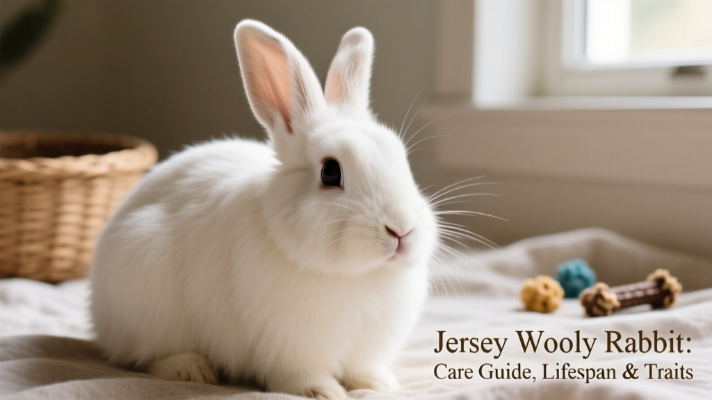 Close-up portrait of a white Jersey Wooly rabbit with soft, dense fur and expressive eyes