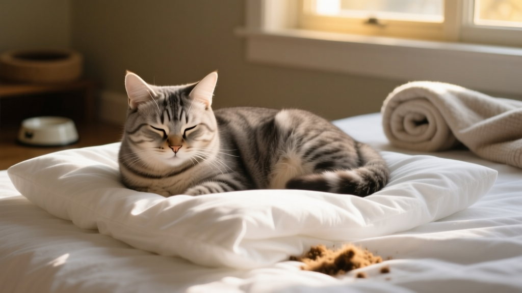 Close-up of a calm cat resting peacefully on clean, folded bedding