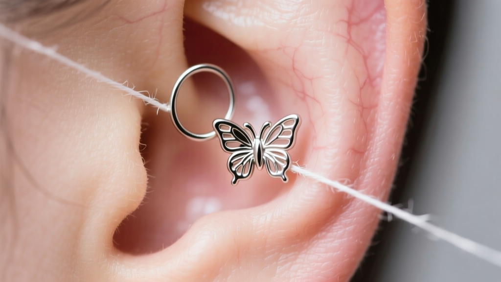 Macro shot of dental floss looped around a tight metal butterfly earring back on an earlobe, under bright clinical lighting.
