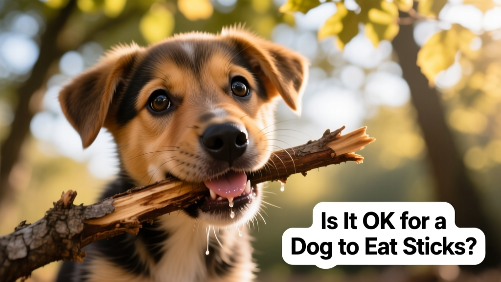 Close-up of a puppy gnawing on a twig with visible saliva and focused expression