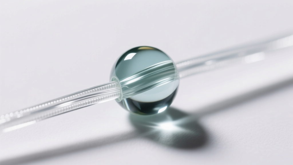 Close-up of a clear 0.8mm polyurethane elastic cord passing through a glass bead hole under bright directional studio lighting.