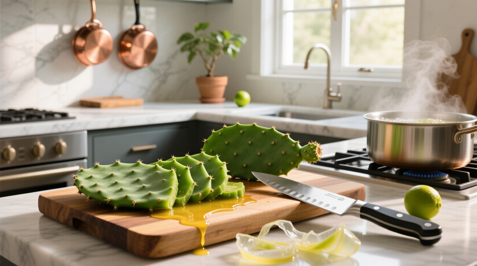 Fresh nopales cactus pads being prepared in kitchen