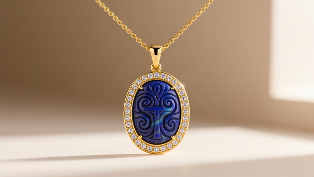 Close-up of an 18k yellow gold Brooke Gregson necklace with a carved lapis lazuli talisman pendant and rose-cut diamond accents.