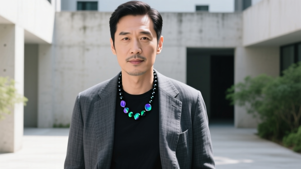 Man in charcoal linen blazer wearing a single strand of 9mm baroque Tahitian black pearls over a plain black cotton t-shirt