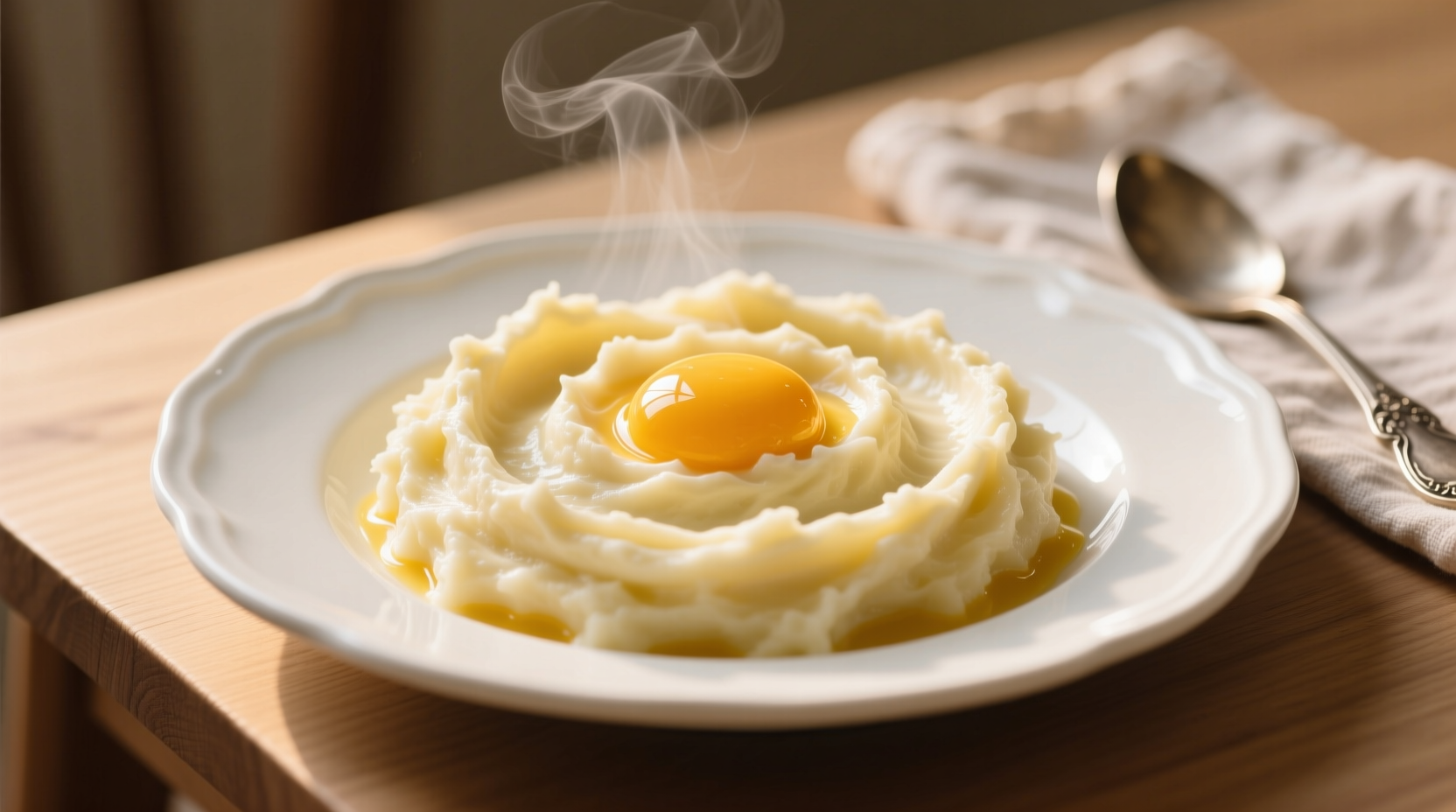 Creamy mashed potatoes with egg yolk swirl on white plate