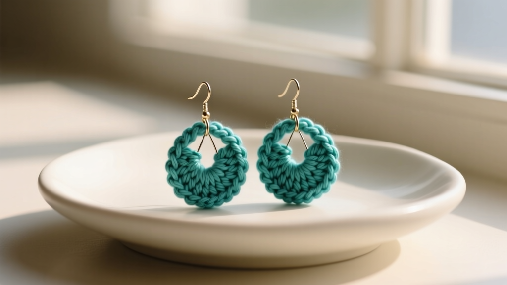 Teal crochet earrings on a ceramic dish, soft light highlighting the mercerized cotton yarn texture and hidden wire core.