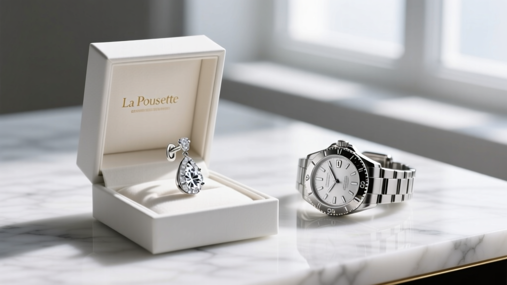 Gift box revealing platinum diamond drop earrings with La Pousette secure backings, placed next to a luxury sports watch on marble