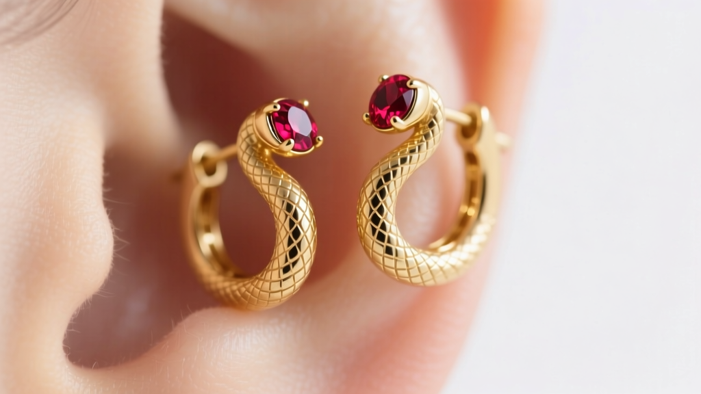 Macro shot of 14k gold snake huggie earrings on an earlobe, showing detailed scaled texture and ruby eyes in soft lighting