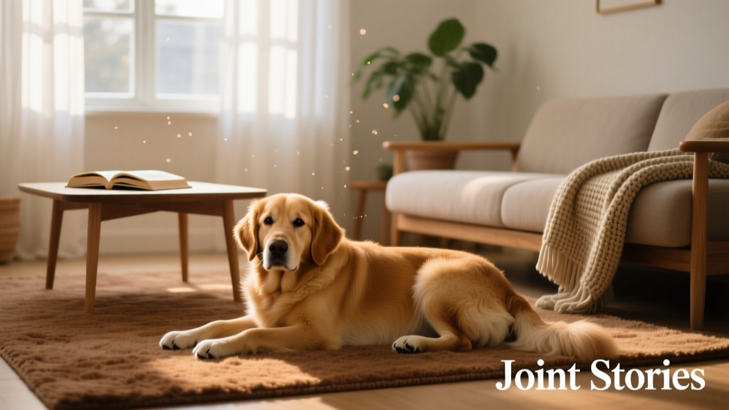 A golden retriever mix resting peacefully beside a cozy living room rug, with soft natural light filtering through the window
