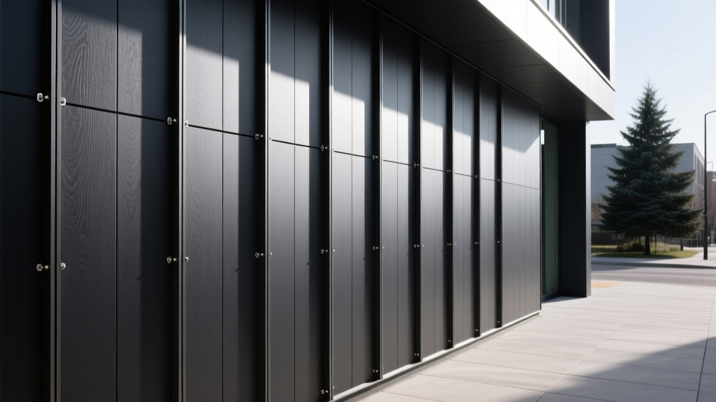 Dark charcoal Acre composite cladding panels installed vertically on a modern exterior wall with hidden fasteners and aluminum trim details.