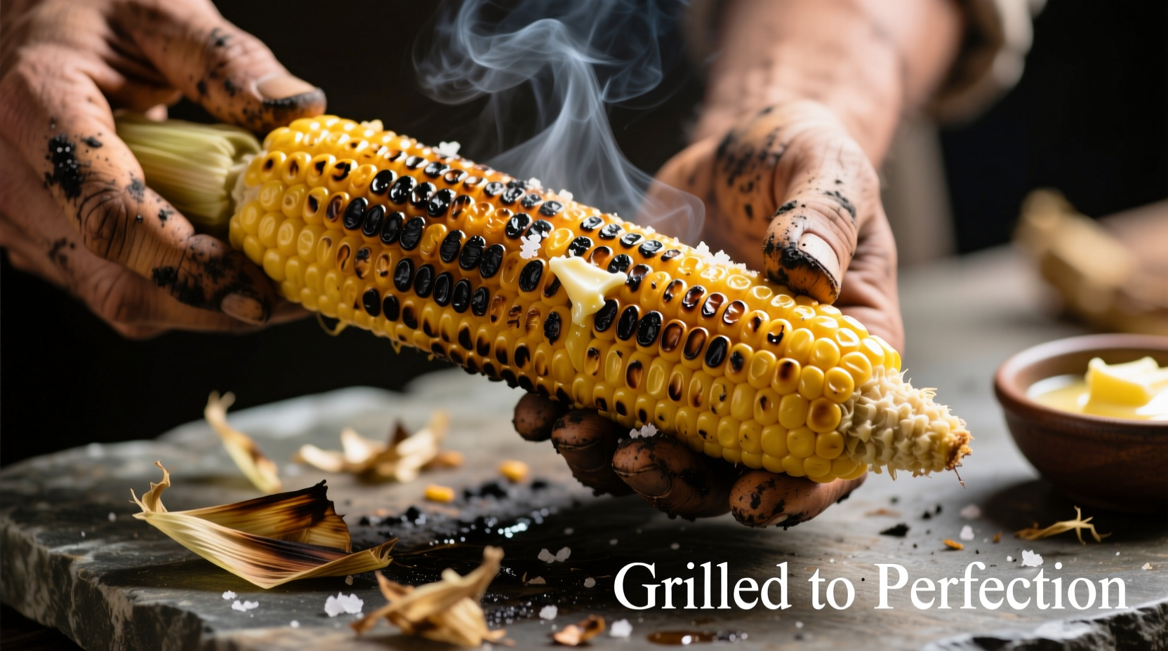 Freshly grilled corn on cob with charred kernels