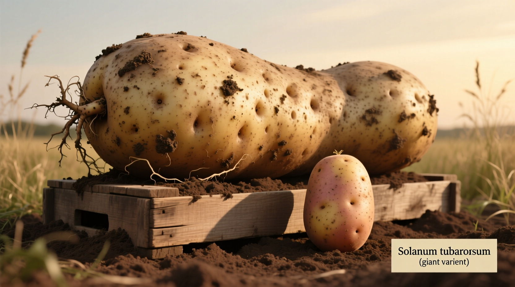 Giant potato specimen next to standard potato for size comparison