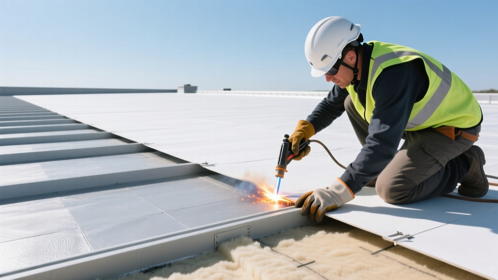 Commercial roofer heat-welding a white TPO membrane seam on a large flat roof with polyiso insulation boards visible nearby