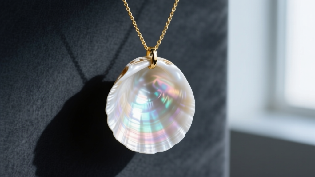 Macro photography of an iridescent natural white clam shell pendant on a 14k gold cable chain against a dark slate background.