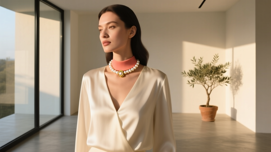 Woman wearing a graduated coral and pearl choker with a gold clasp, paired with a V-neck silk blouse in a sunlit, modern room.