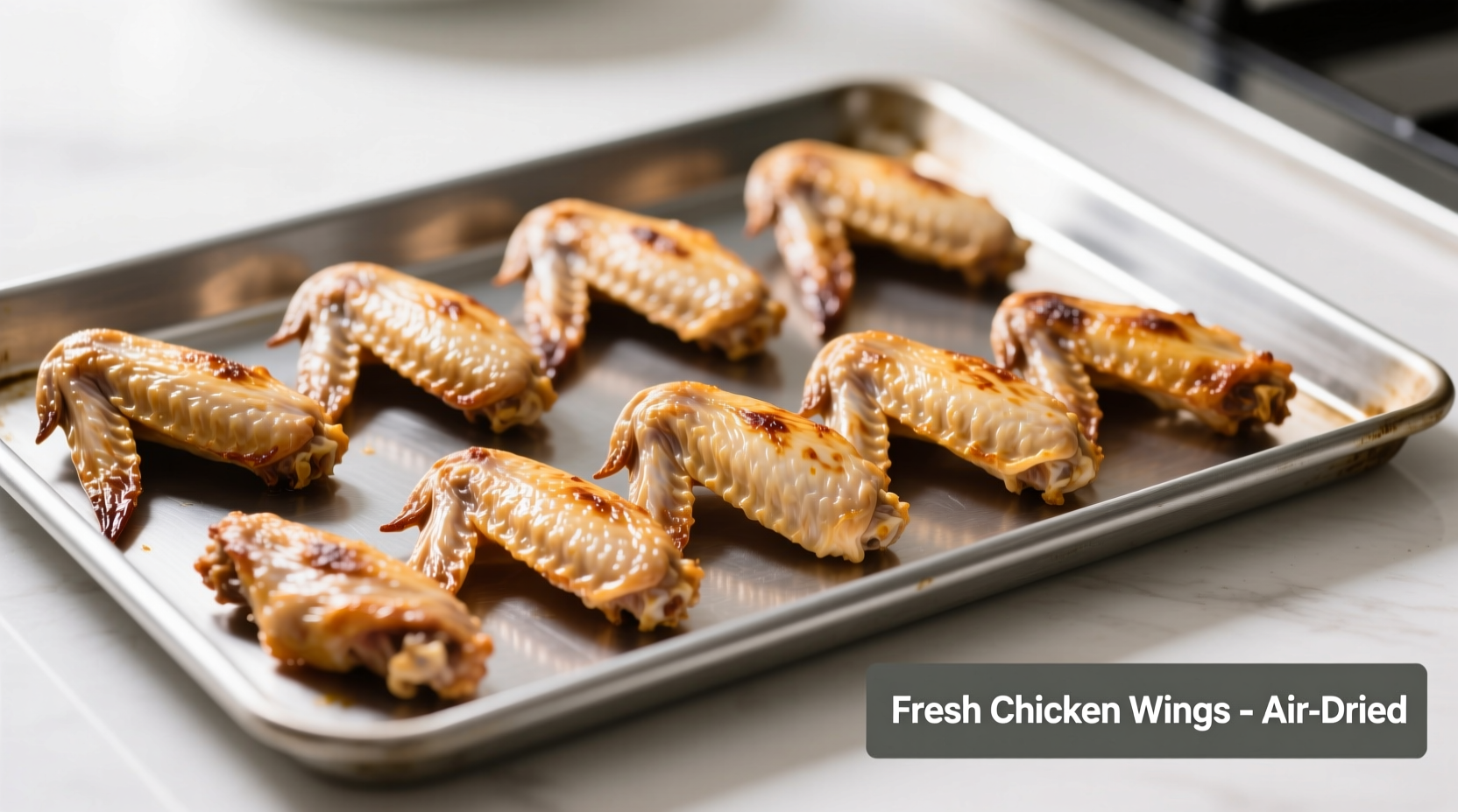 Fresh chicken wings properly dried and arranged on baking sheet