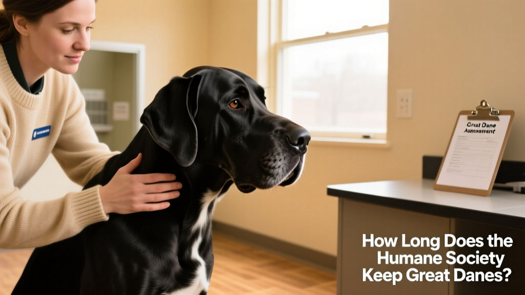 A shelter staff member gently interacting with a Great Dane during an intake assessment