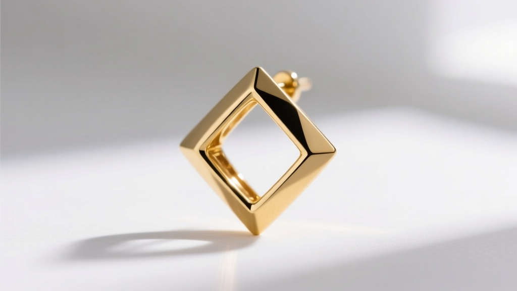 Close-up of solid gold rhombus earring with a technical overlay highlighting acute and obtuse angles and precise degree measurements