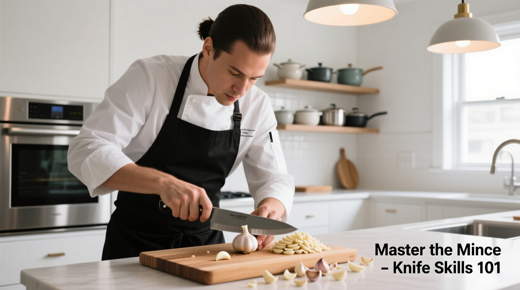 Professional chef demonstrating garlic mincing technique
