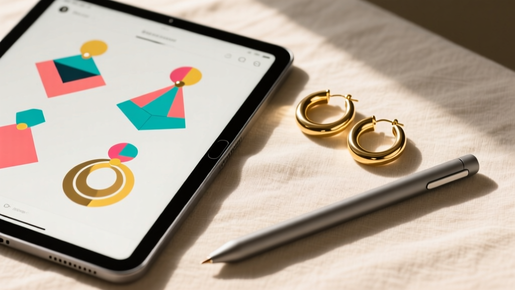 Flat lay workspace showing an iPad with colorful vector earrings clipart next to physical brass hoop earrings and a digital stylus.