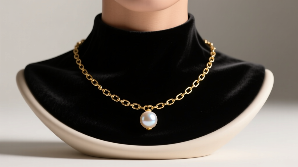 Matte black velvet necklace bust displaying an 18-inch gold paperclip chain and pearl pendant under soft lighting.