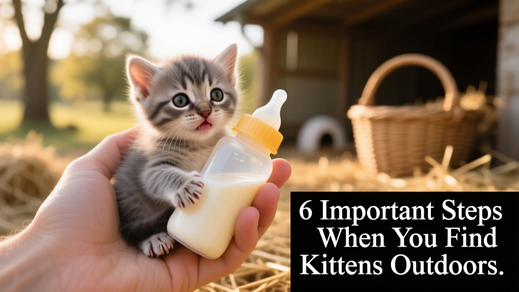 A hand gently holding a tiny kitten while offering a small bottle of kitten milk replacer, with soft focus background