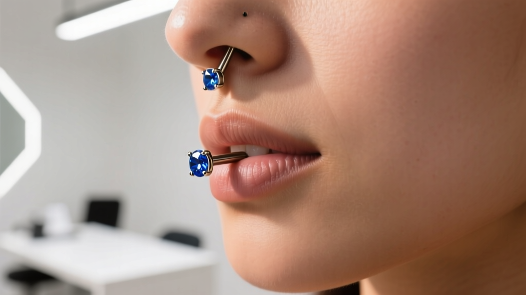 Close-up of a 14-gauge titanium navel barbell with sapphire gems on skin under soft warm lighting in a modern piercing clinic.