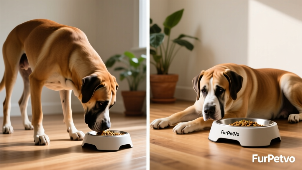 Side-by-side comparison: a large breed dog straining to reach a floor bowl versus comfortably eating from an elevated FurPetVo bowl