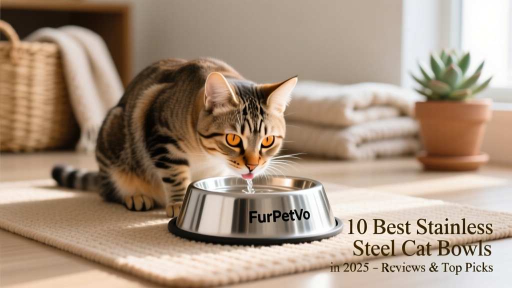 A calm tabby cat calmly drinking from a FurPetVo stainless steel bowl placed on a non-slip mat, with natural light highlighting the bowl's reflective finish