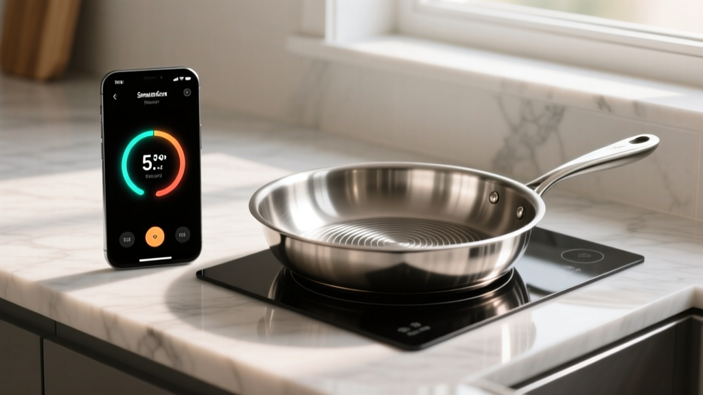 Close-up of a smartphone displaying a smart induction cooktop app next to a gleaming 5-ply stainless steel skillet on a modern kitchen counter