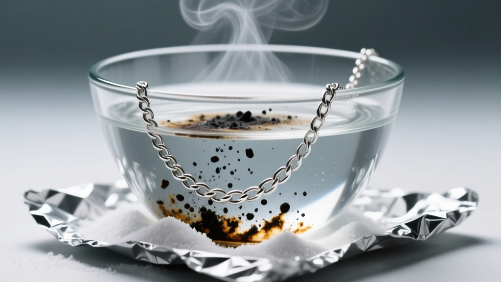 Clear bowl with foil and baking soda, showing a silver chain necklace releasing dark oxidation into the hot water